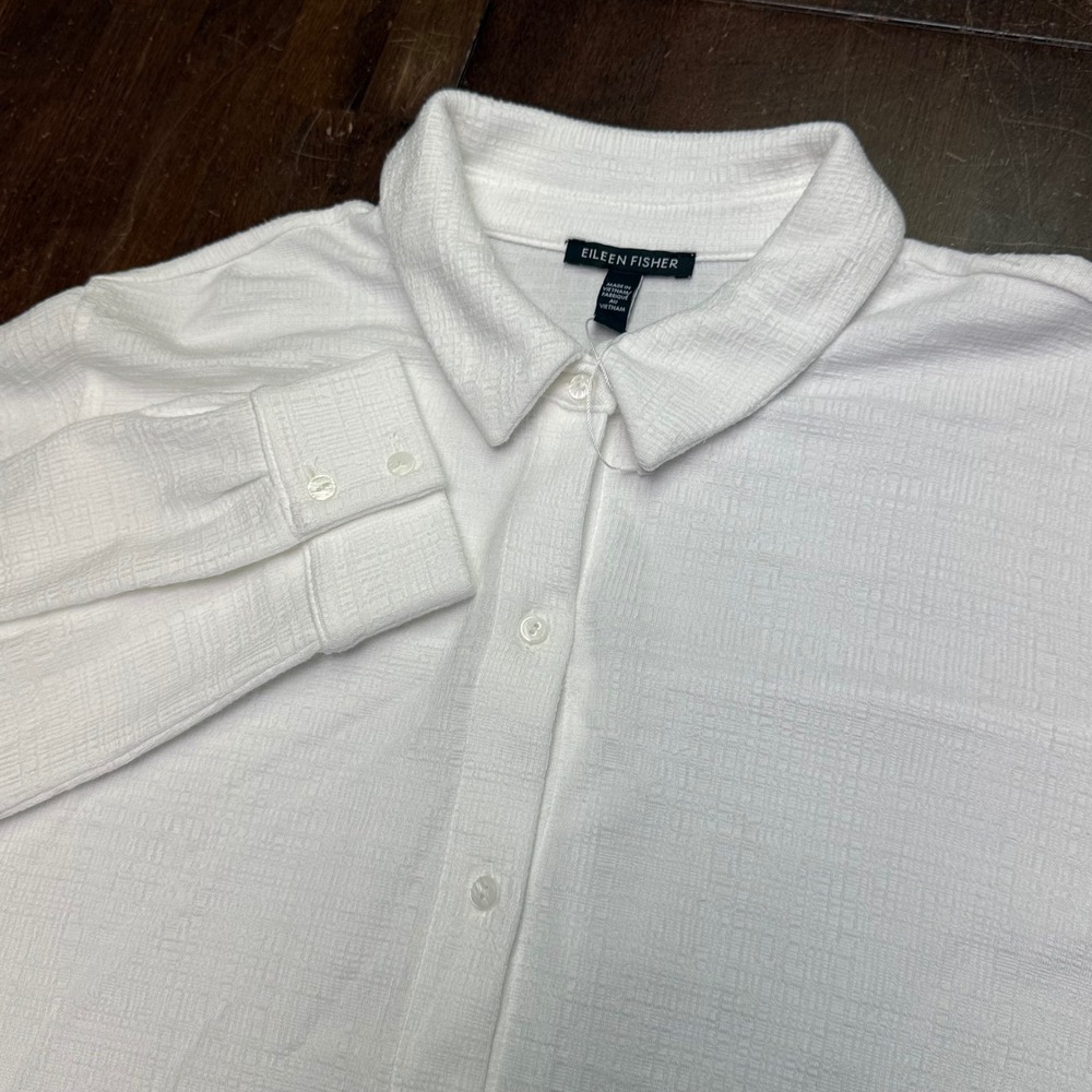 Eileen Fisher Button Shirt Womens L White Textured Tencel Lyocell Stretch NWOT